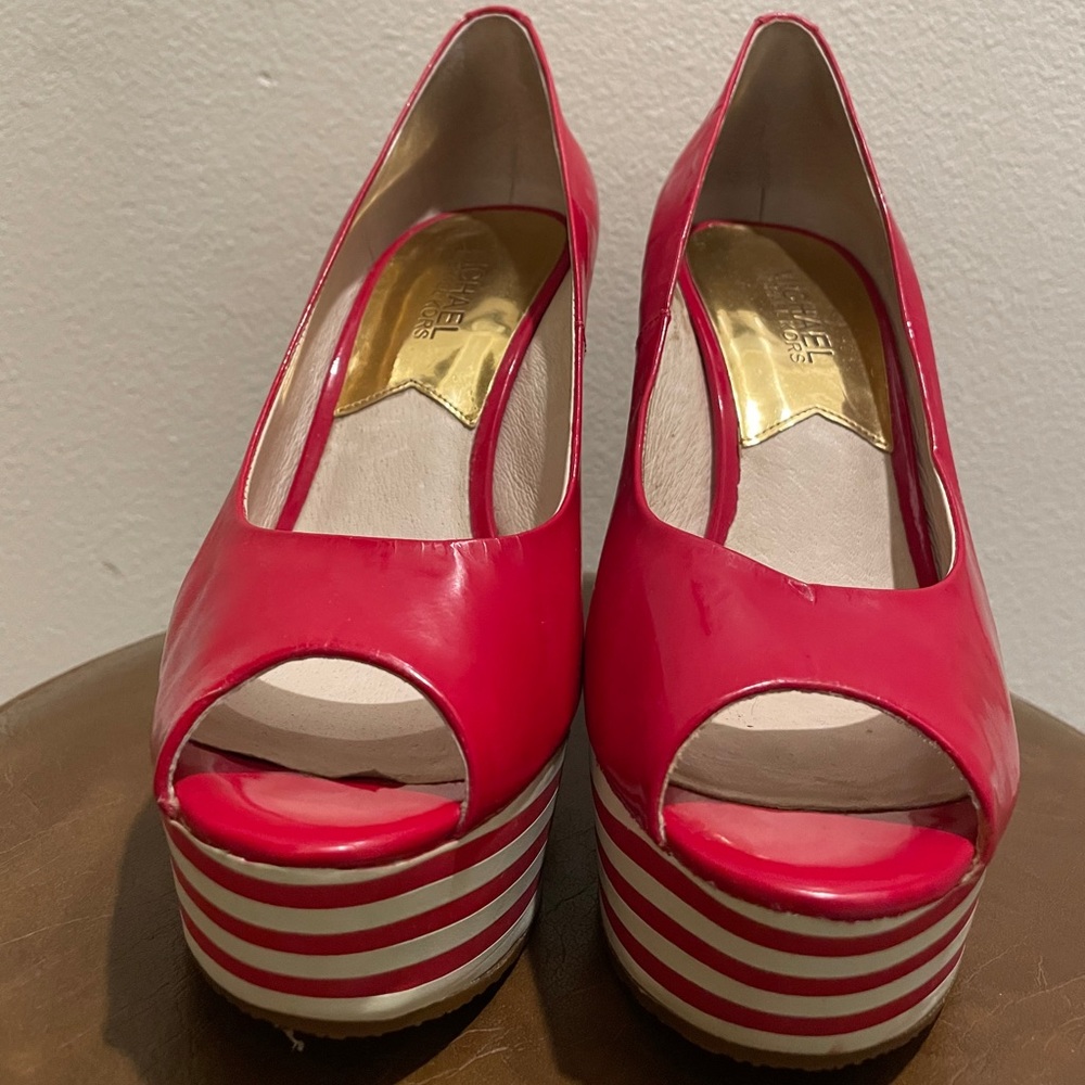 Michael Kors Red Patent Leather Peeptoe Wedges